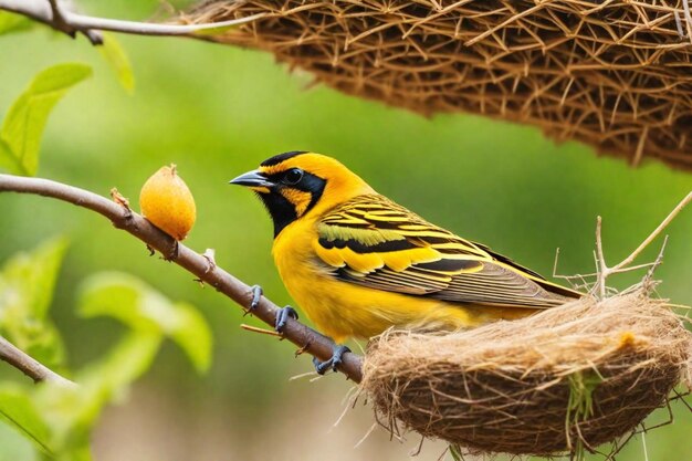 Foto un ave amarilla y negra con un pico amarillo y un nido con un pájaro en él