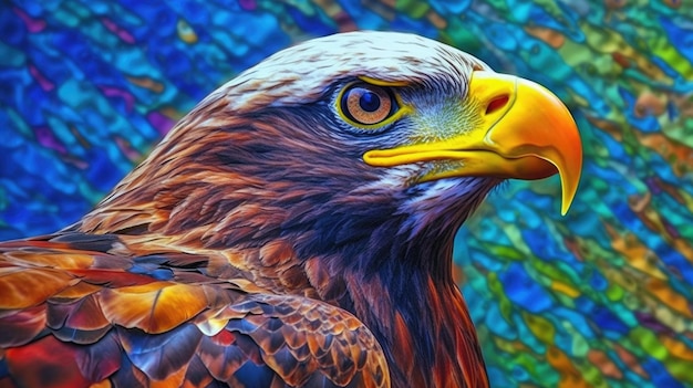 Un ave de rapiña se muestra en una pintura colorida.