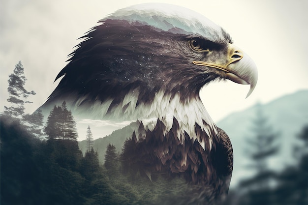 Ave de rapiña retrato de águila con fondo de naturaleza de doble exposición