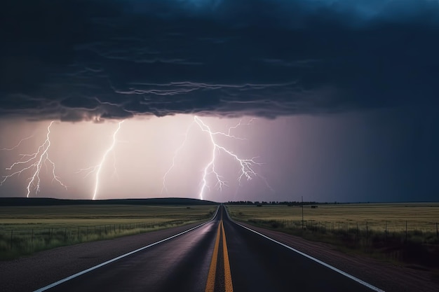 Se avecina una tormenta eléctrica sobre una carretera.