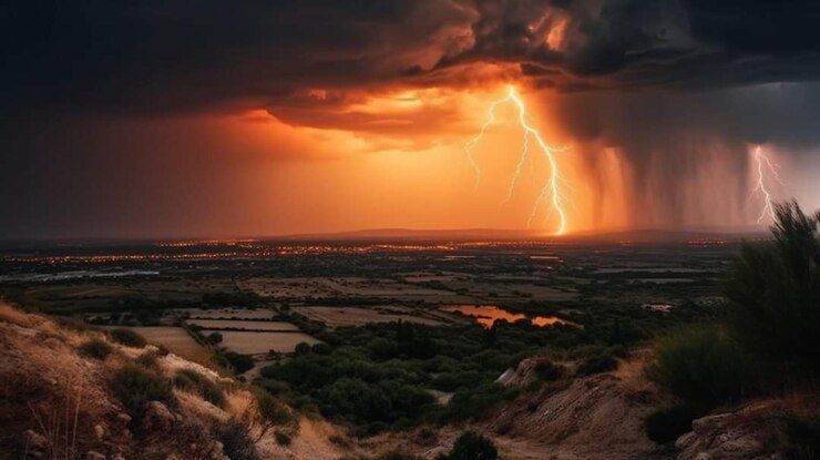 Foto se avecina una tormenta sobre una colina y el sol brilla en el horizonte.