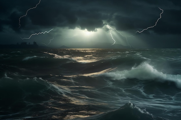 Se avecina una tormenta sobre el océano y el sol brilla sobre el agua.