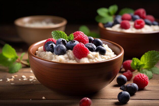 Aveia com frutas e mirtilos em uma tigela