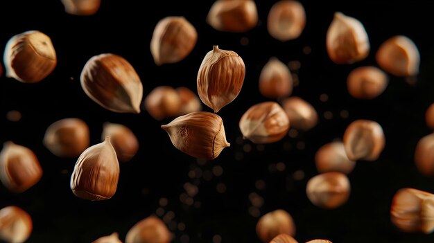 Foto avelãs flutuantes capturadas no ar contra um fundo escuro perfeito para temas de saúde e nutrição ideal para uso culinário e dietético fotografia criativa de alimentos em ação ai