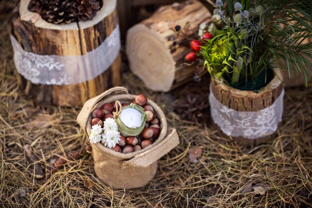 Avellanas en cubo cerca de tocones de madera. Idea de decoraciones para boda rústica.