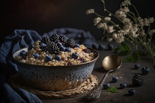 Avena con arándanos y mora Ilustración Generativa AI