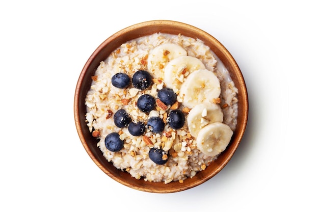 Avena con plátanos arándanos y almendrasComida vegana con c