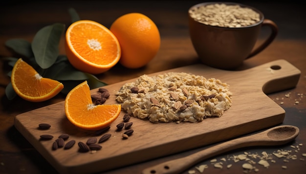 Avena con una rodaja de naranja sobre una tabla de madera y es increíble