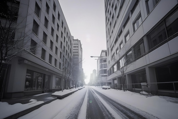 Avenida vacía sin tráfico después de una ventisca de nieve en invierno Edificios grises exteriores en la acera alrededor