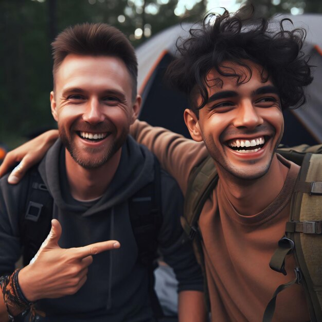 Foto aventura de acampada con personas de diferentes países