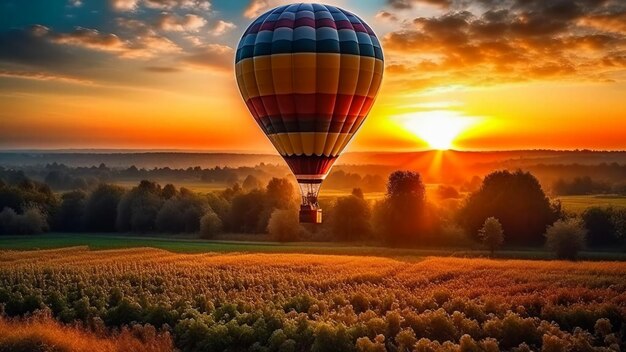 Aventura aérea colorida al atardecer en un globo aerostático