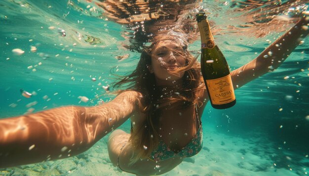 Foto aventura bajo el agua buceando con champán