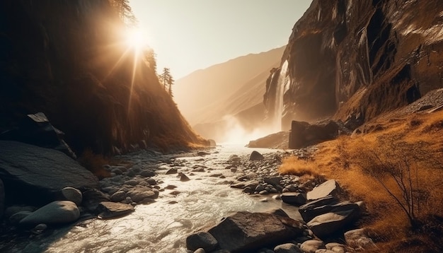 Aventura de agua que fluye tranquila de la majestuosa cordillera generada por IA