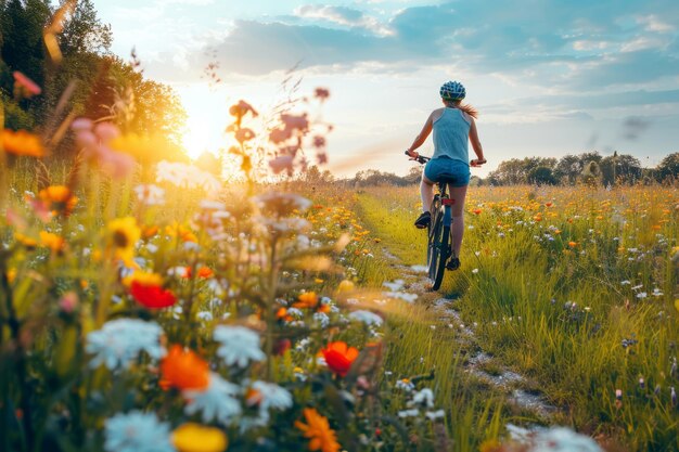 Aventura en bicicleta a través de los campos de flores