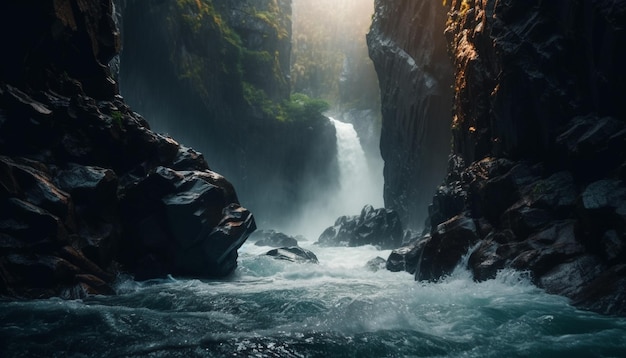 Aventura en bosque majestuoso Rocas mojadas Agua que fluye Terreno extremo generado por IA
