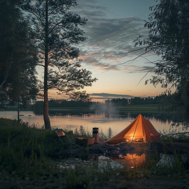 Aventura de campamento de verano en Estonia Escena al aire libre junto al lago por la noche
