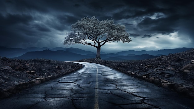 Aventura de carretera abierta Ruta de montaña vacía con un gran árbol en el lado