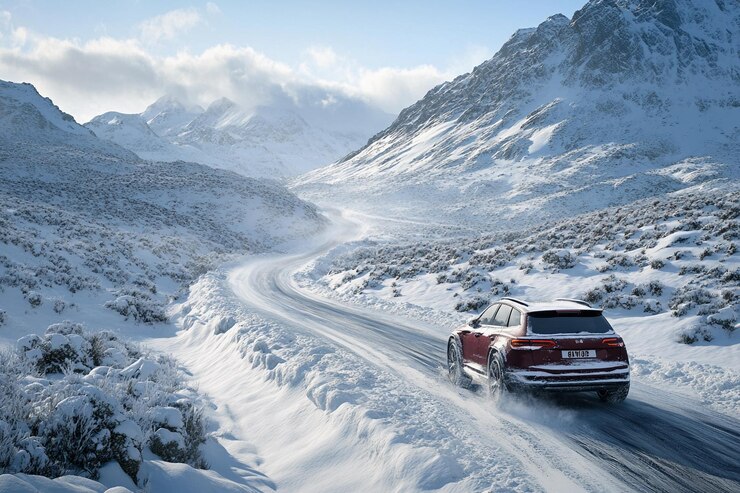 Aventura en carreteras de montaña cubiertas de nieve en invierno con un SUV navegando a través de un paisaje pintoresco