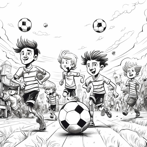 Foto aventura de colorear con un juego de fútbol infantil en blanco y negro sutilmente distorsionado