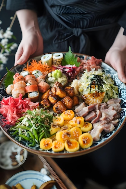 Aventura culinaria bocadillos japoneses en la calle en la bandeja popular