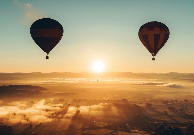 Aventura de balão de ar quente sobre paisagem nebulosa vista aérea de paisagem matinal calma