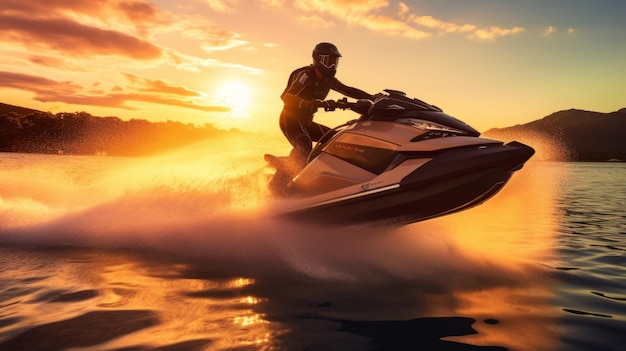 Foto aventura de jet ski ao pôr-do-sol em uma paisagem cênica