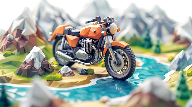 Aventura de motocicleta nos fiordes da Nova Zelândia Ícone plano 3D ilustra viagem de tirar o fôlego através de Wat