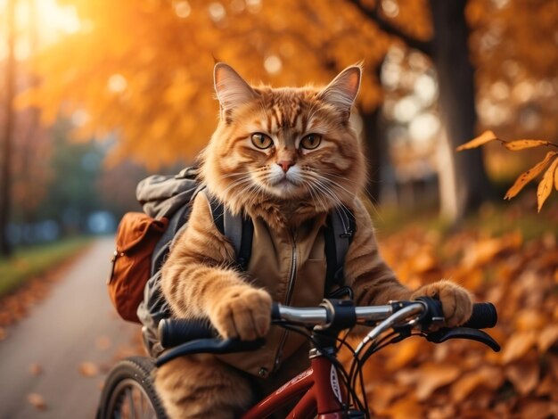 Aventura de outono um gato esportivo pedala pela floresta de sunset em uma mochila de bicicleta rebocada