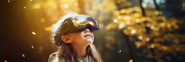 Aventura de Realidade Aumentada Criança explorando um mundo de realidade aumentada através de óculos inteligentes que despertam sua imaginação