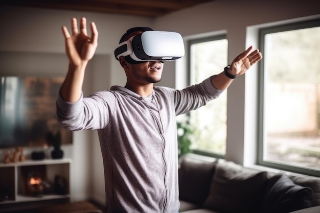 Aventura de Realidade Virtual em Casa Homem em Ação com Headset VR