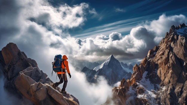 Aventura em uma cordilheira estreita alpinista com equipamento colorido contra o fundo do céu vibrante