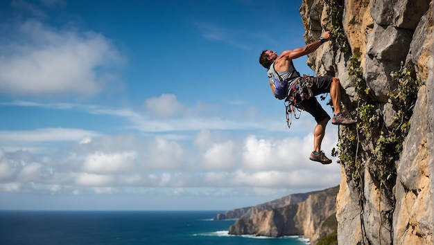 Foto aventura de escalada por acantilados oceánicos hombre arafado conquistando alturas