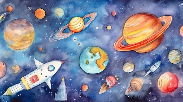 Aventura espacial colorida para niños Cohetes dibujados a mano Planetas y astronautas sobre fondo de acuarela