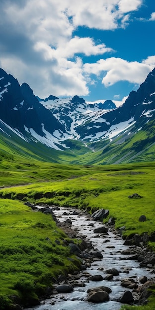 Una aventura espectacular Un campo verde y un arroyo de montaña
