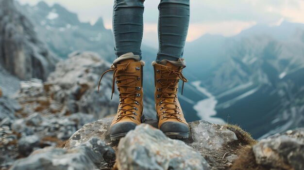 Foto la aventura espera a los excursionistas botas en el pico de la montaña borde concepto de libertad paisaje de naturaleza escénica estilo de exploración al aire libre tema de viaje inspirador ia