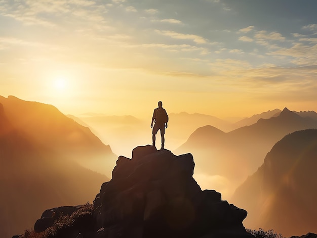 Foto una aventura exitosa en la puesta de sol de la montaña