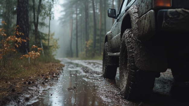 Aventura fuera de carretera en el bosque de niebla con un SUV de barro