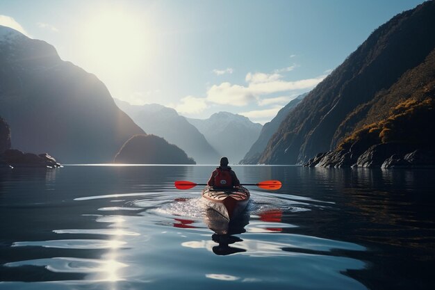 Foto aventura en kayak con remeros navegando con calma generativo ai