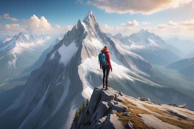 Aventura Mujer en la cima del acantilado de las Montañas Rocosas Paisaje aéreo de las montañas canadienses de la Columbia Británica en fondo 3d Rendering Peak