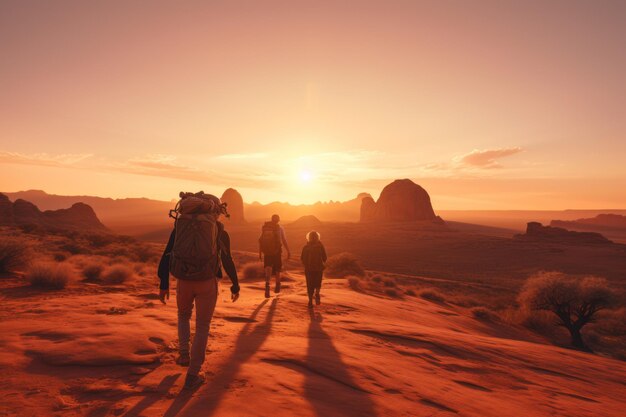 aventura na beleza da vasta paisagem desértica ao pôr do sol