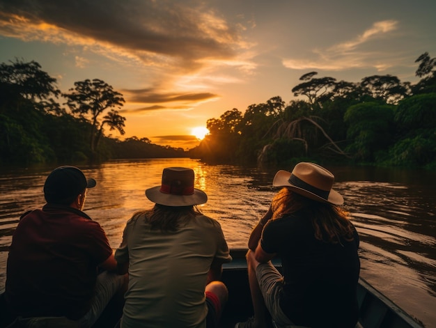 Foto aventura na floresta amazônica brasil um grupo de viajantes em um passeio de barco ao pôr do sol