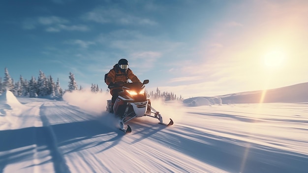 Aventura nevada fotografía panorámica de un motociclista de nieve a toda velocidad