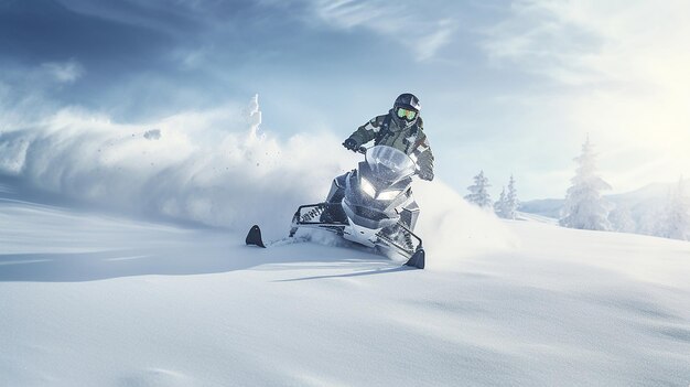 Aventura nevada fotografía panorámica de un motociclista de nieve a toda velocidad