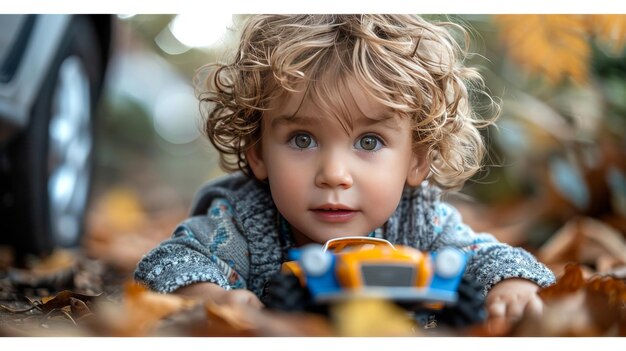 Aventura para niños Pequeño con ojos verdes y coche de juguete