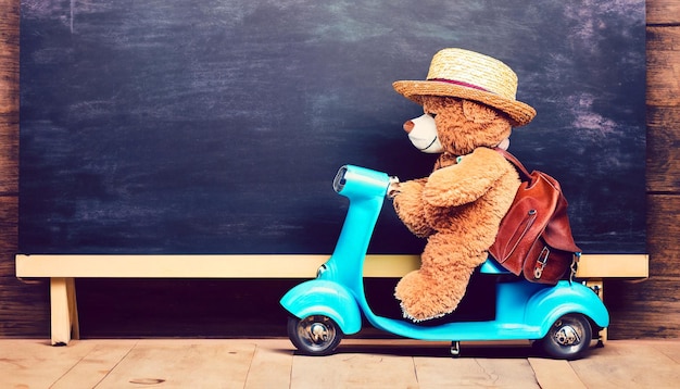 Aventura nostálgica de colegial, osito de peluche retro y patinete de pedales vintage que capturan el encanto