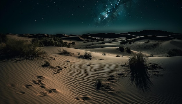 Foto aventura noturna na majestosa trilha estelar da paisagem sobre a duna de areia gerada por inteligência artificial