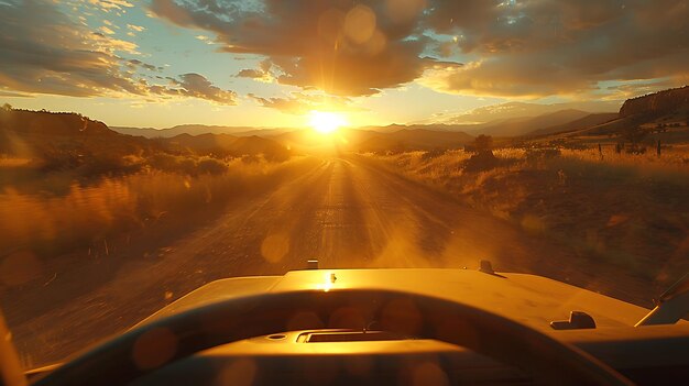 Foto aventura off-road un coche solitario atraviesa el desierto al atardecer