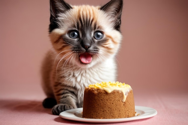 La aventura del pastel del adorable gatito siamés Una mirada de sorpresa