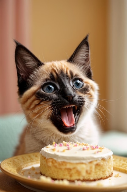 La aventura del pastel del adorable gatito siamés Una mirada de sorpresa