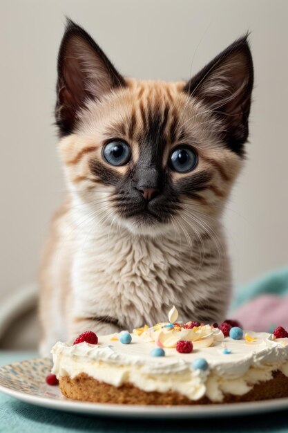 La aventura del pastel del adorable gatito siamés Una mirada de sorpresa